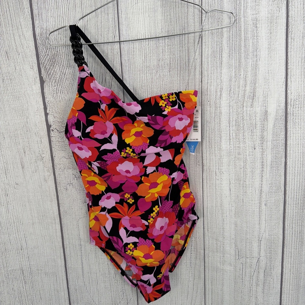 Skinny Dippers Miraclesuit Swimsuit MEDIUM Black Floral Flapjack One Shoulder